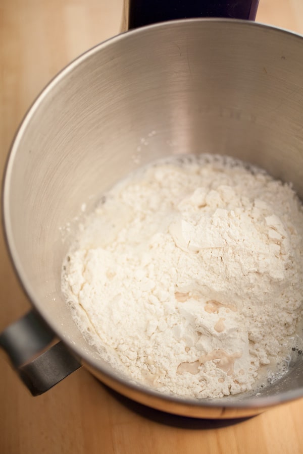 Flour and wet ingredients in Kitchen Aid stand mixer.