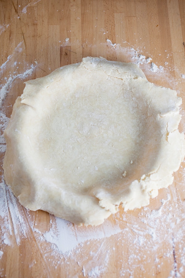 Unbaked homemade pie crust in pie pan.