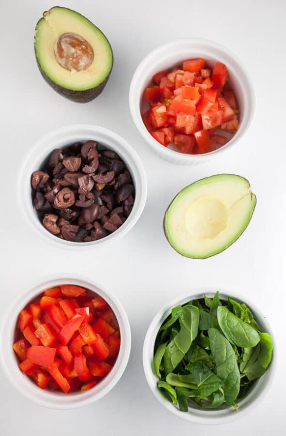 chopped red pepper, spinach, kalamata olives, avocado, and tomato