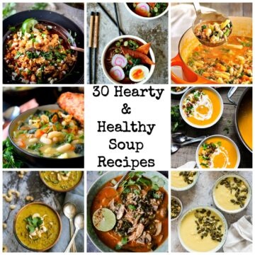 Photo collage of hearty healthy soup recipes.