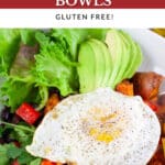 Sweet potato breakfast bowl topped with fried egg.