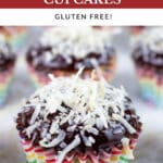 Coconut chocolate chip cupcakes with toasted coconut in colorful wrappers.