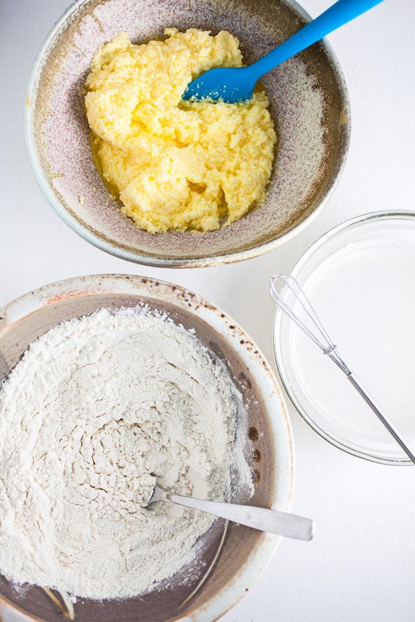 Flour mixture, egg mixture, and coconut milk in three separate bowls.