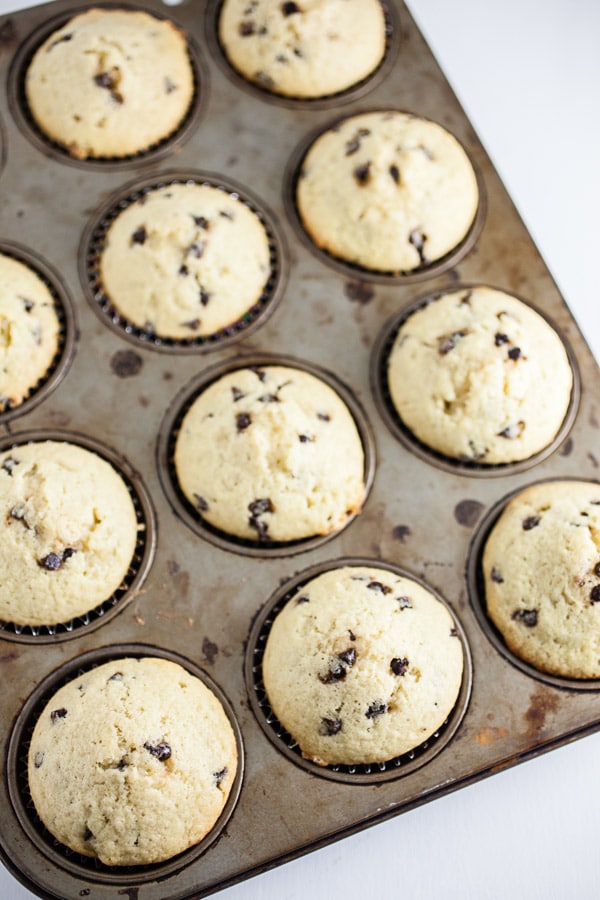 #AD These Toasted Coconut Chocolate Chip Cupcakes are light and fluffy and perfect for spring parties and holidays! They are made with coconut milk and chocolate chips, topped with a rich coconut chocolate ganache, and finished with toasted coconut flakes. This simple dessert recipe is made from scratch. I love a good homemade dessert. Learn how I use @NestleTollHouse morsels to create this sweet treat! #SpringJustGotSweeter #cupcakes #coconut #chocolate Baked chocolate chip cupcakes in muffin tin.