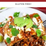 Ground beef enchiladas garnished with Queso fresco, cilantro, sliced avocadoes, and lime wedges on white plate with fork.