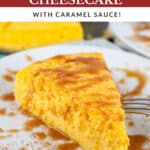 Slice of crustless pumpkin cheesecake with caramel sauce on white plate with fork.
