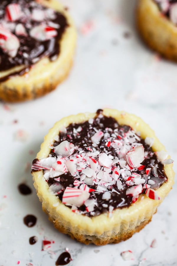 Peppermint cheesecake cups with chocolate ganache and crushed candy canes on white surface.
