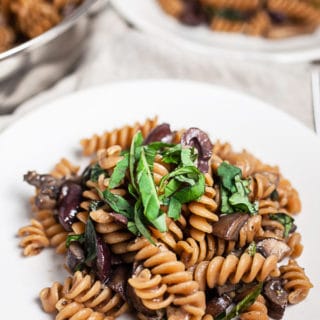 Mushroom olive rotini pasta with fresh basil on white plates.