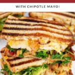 Chipotle chicken panini sandwich cut in half and stack on itself.