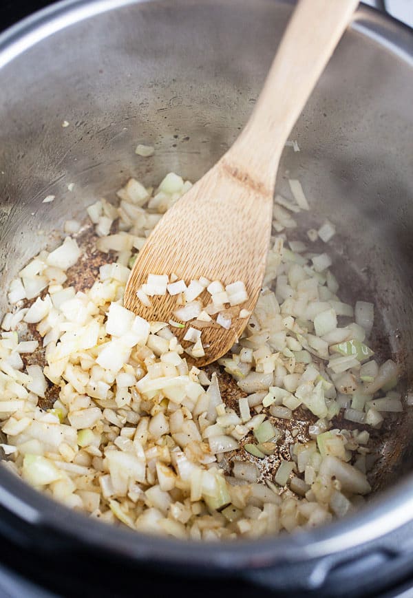Garlic and onions sautéed in Instant Pot.
