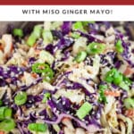 Asian cabbage slaw in ceramic bowl garnished with green onions and sesame seeds.