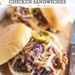 Crockpot BBQ chicken sandwiches with slaw and pickled jalapenos.