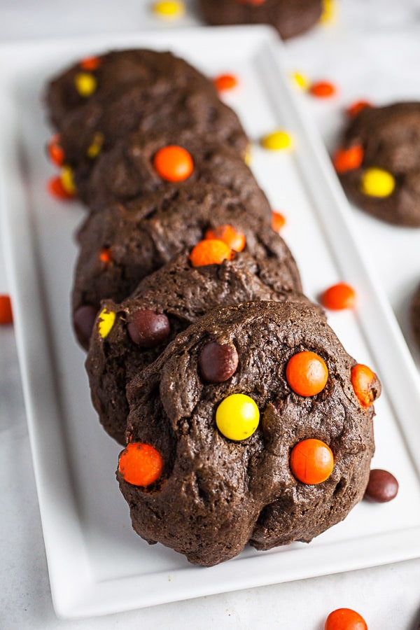 Halloween chocolate cookies on white serving platter.