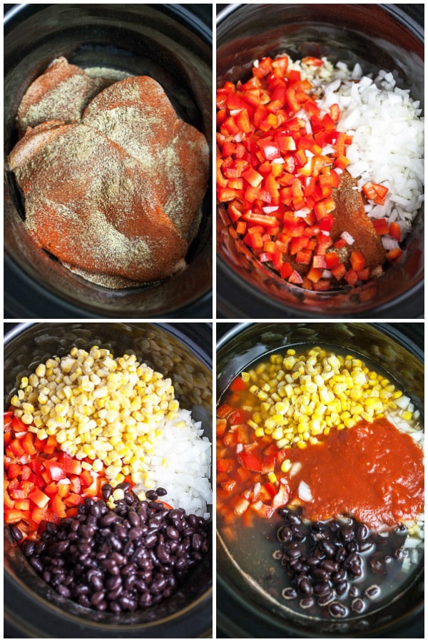 Photo collage of chicken breasts, spices, garlic, onions, red bell peppers, corn, black beans, and tomato sauce added to slow cooker.