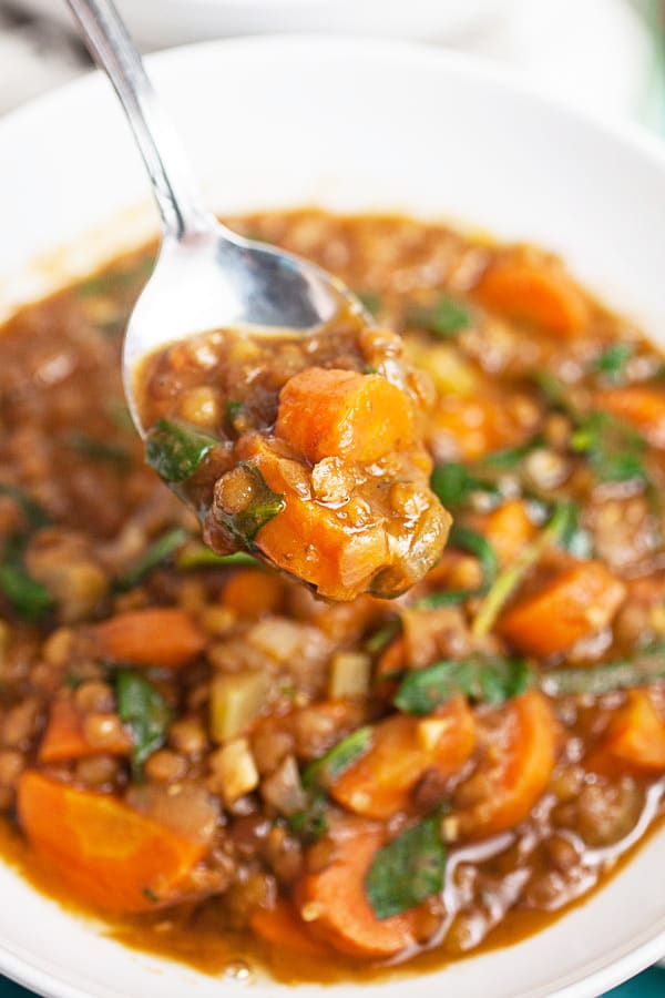 Spoonful of lentil soup lifted from white bowl.