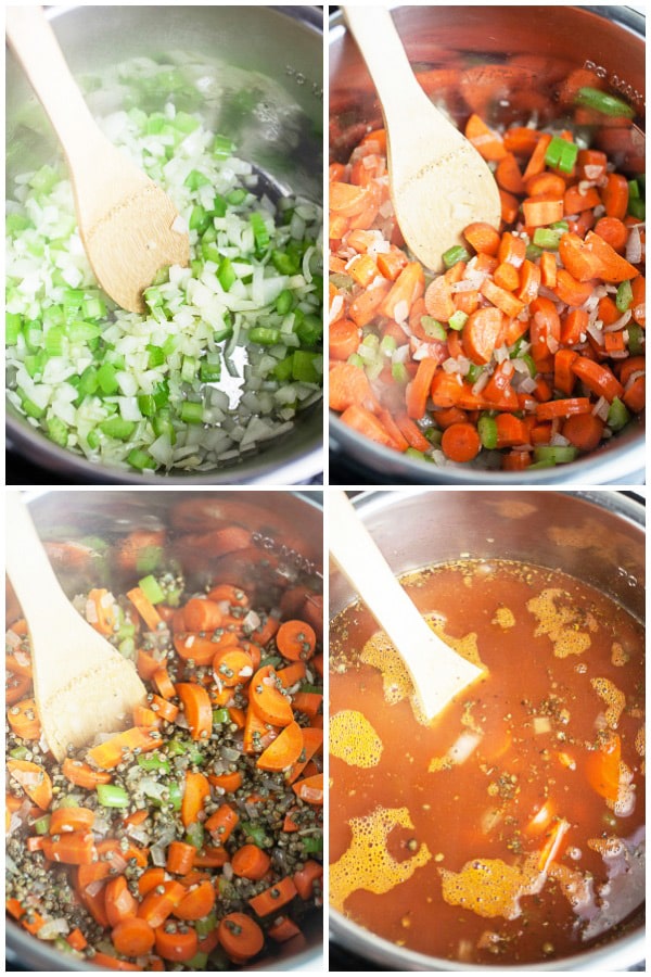 Photo collage of garlic, onions, celery, carrots, and broth in Instant Pot.