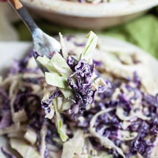 Forkful of blue cheese coleslaw lifted from small white plate.