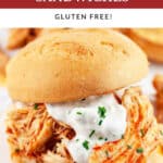 Crockpot shredded buffalo chicken on toasted bun with blue cheese sauce.