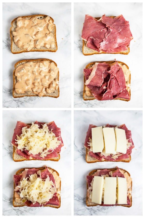 Photo collage of Thousand Island dressing, corned beef, sauerkraut, and Swiss cheese added to slices of bread.