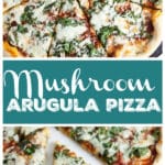 Mushroom arugula pizza with one slice cut out of it on white surface.