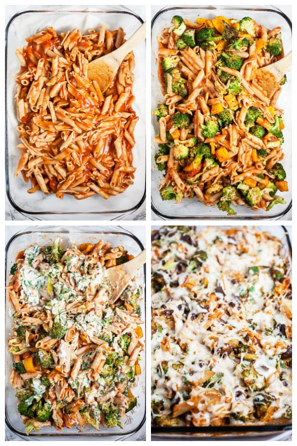 Photo collage of cooked pasta, spaghetti sauce, roasted vegetables, Kalamata olives, and cheese added to glass baking dish.