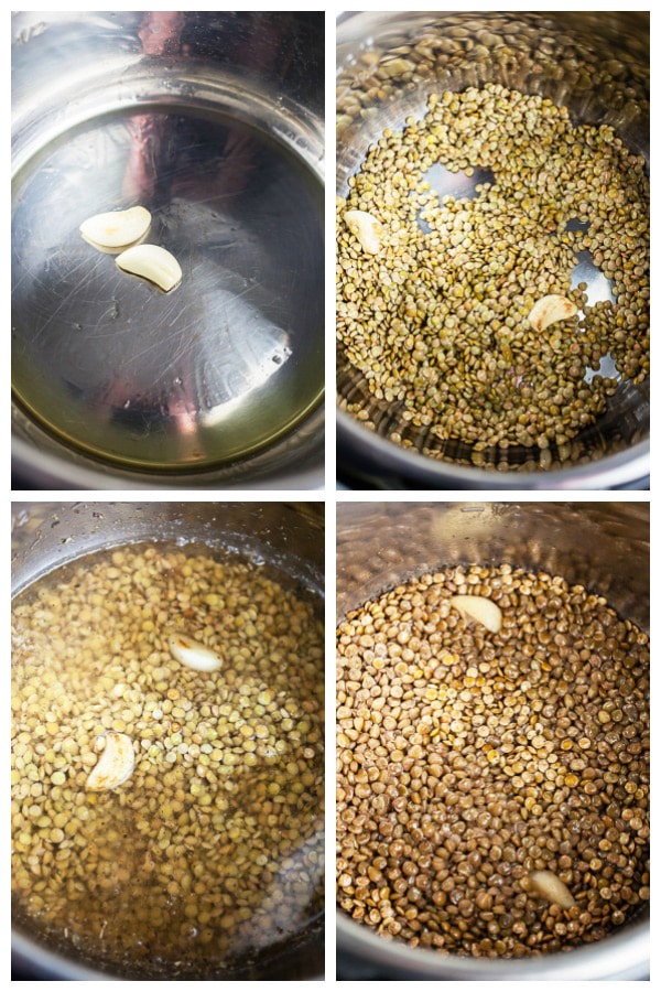 Photo collage of garlic cloves and green lentils sautéed in Instant Pot.