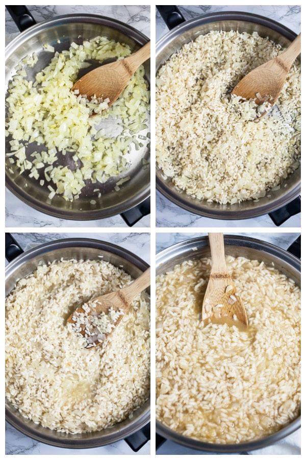 Photo collage of garlic, onions, Arborio rice, white wine, and vegetable stock added to skillet.