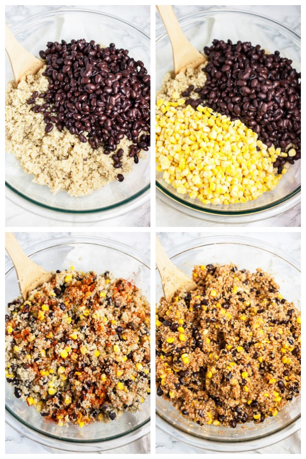 Photo collage of quinoa, black beans, corn, spices, and enchilada sauce added to large glass mixing bowl.