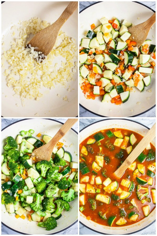 Photo collage of garlic, onions, bell peppers, zucchini, broccoli, broth, and sauce added to Dutch oven.
