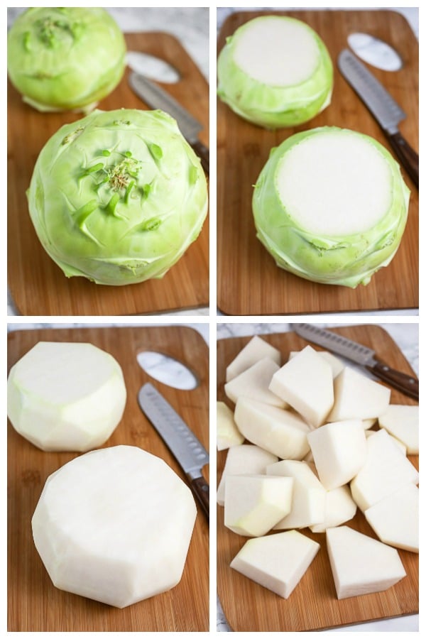 Photo collage of kohlrabi peeled and cut into wedges on wooden cutting board with knife.