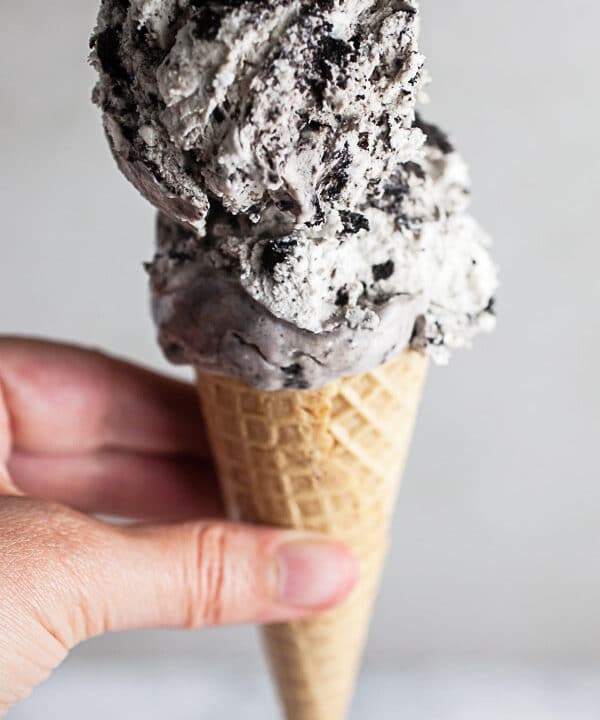 No churn cookies and cream ice cream in waffle cone.