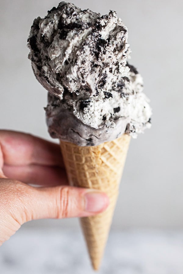 No churn cookies and cream ice cream in waffle cone.