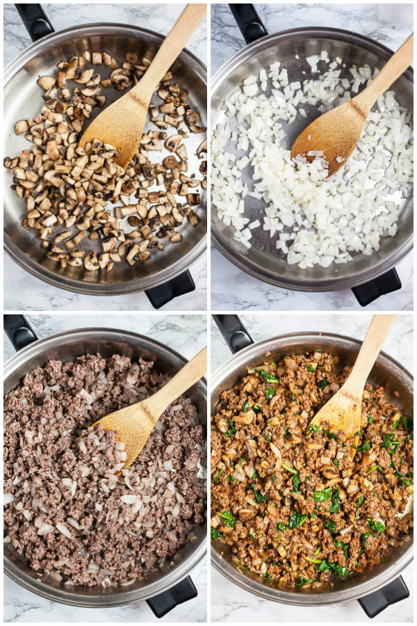 Photo collage of mushrooms, garlic, onions, ground beef, and spices sautéed in skillet.