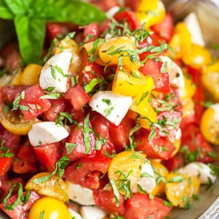 Marinated tomato salad with mozzarella and fresh basil in ceramic bowl.