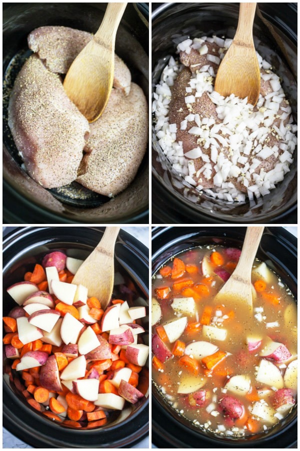 Photo collage of raw chicken breasts, garlic, onions, potatoes, carrots, and broth added to slow cooker.