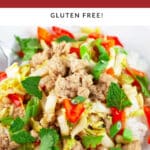 Asian ground chicken rice bowl garnished with fresh mint and cilantro.