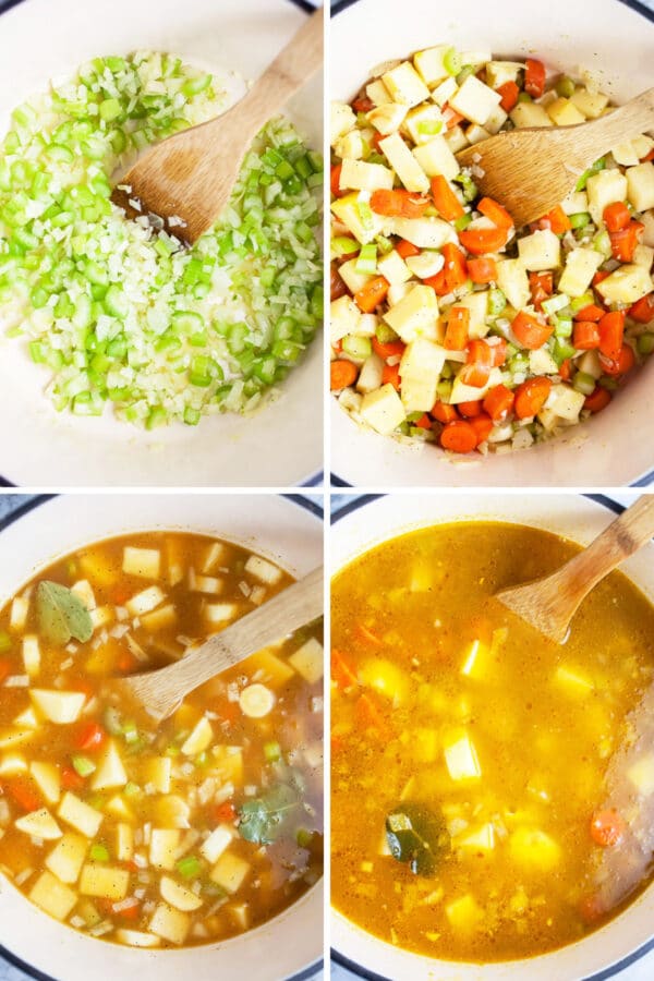 Photo collage of garlic, onions, celery, parsnips, rutabaga, carrots, and broth added to soup pot.