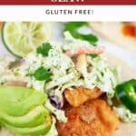 Fish tacos with cilantro lime slaw with avocado, jalapenos, cilantro, and lime on corn tortillas.