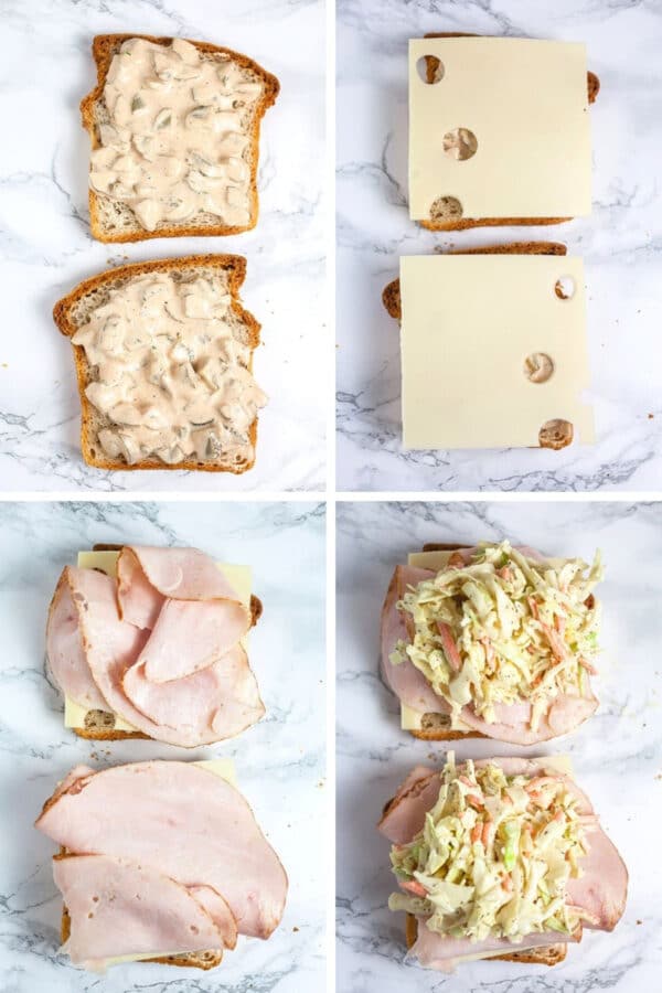 Photo collage of Rachel sandwich assembled with Thousand Island dressing, Swiss cheese, deli turkey, and coleslaw.
