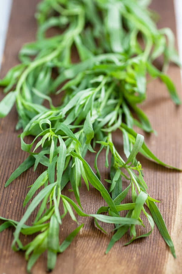 Fresh tarragon on wooden board.