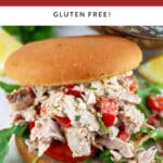 Lemon basil chicken salad with red bell peppers, tomatoes, and arugula on bun.