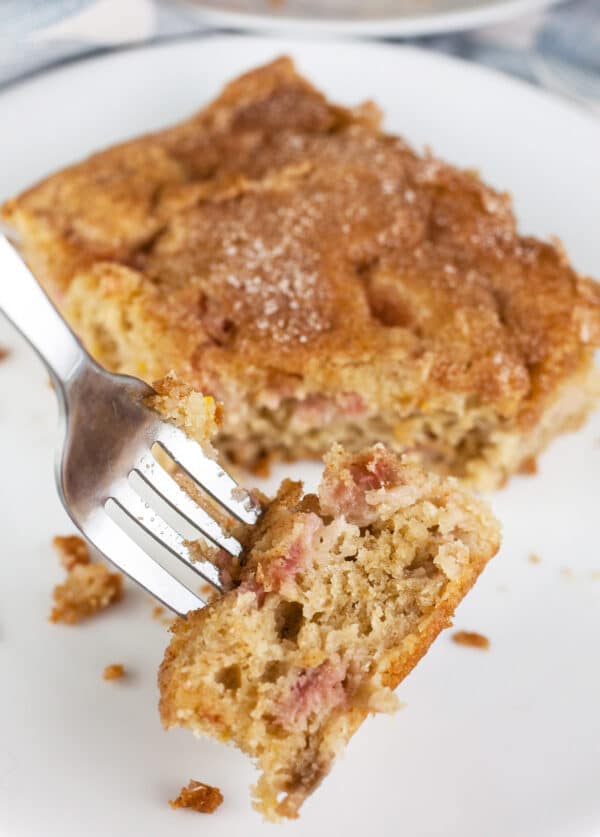Bite of rhubarb cake lifted from cake piece on small white plate.