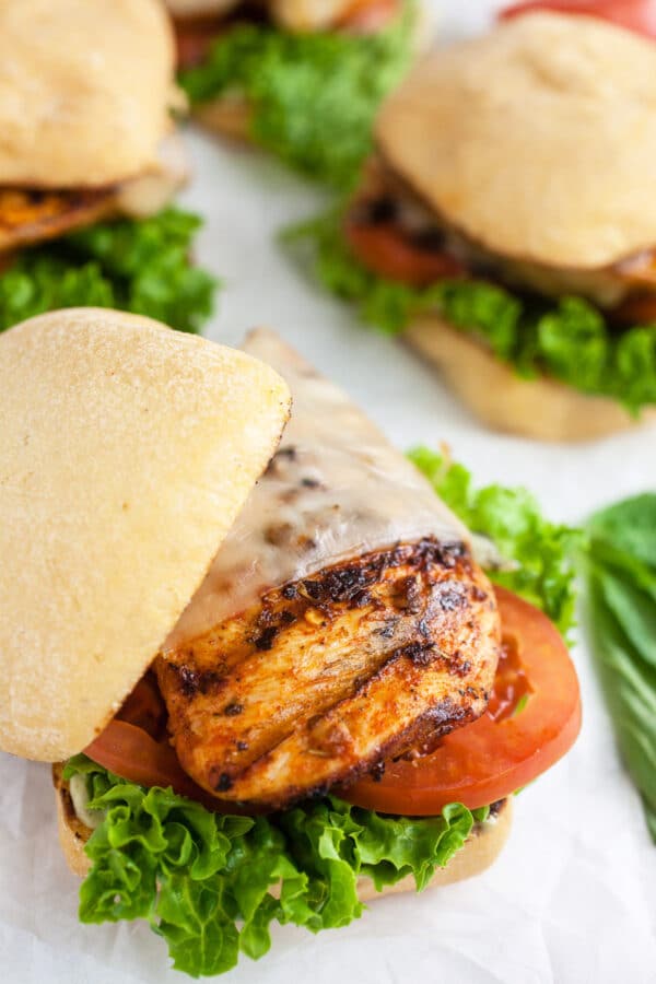 Grilled chicken sandwiches on buns with cheese, lettuce, and tomato.