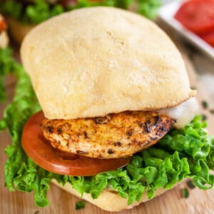 Grilled Italian chicken sandwich with lettuce and tomato.