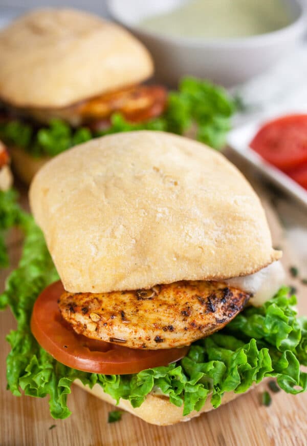 Grilled Italian chicken sandwiches with lettuce and tomato.