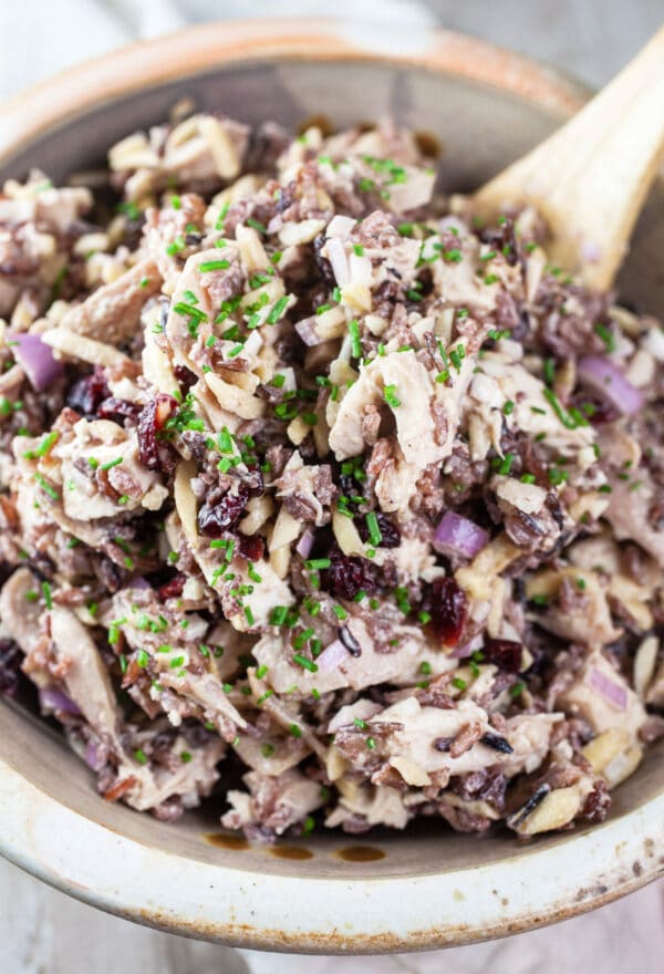 Wild rice chicken salad in ceramic bowl.