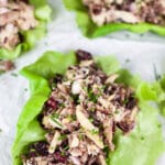 Cranberry, almond, and wild rice chicken salad in lettuce cups.