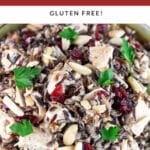 Wild rice chicken salad garnished with fresh parsley in ceramic bowl.