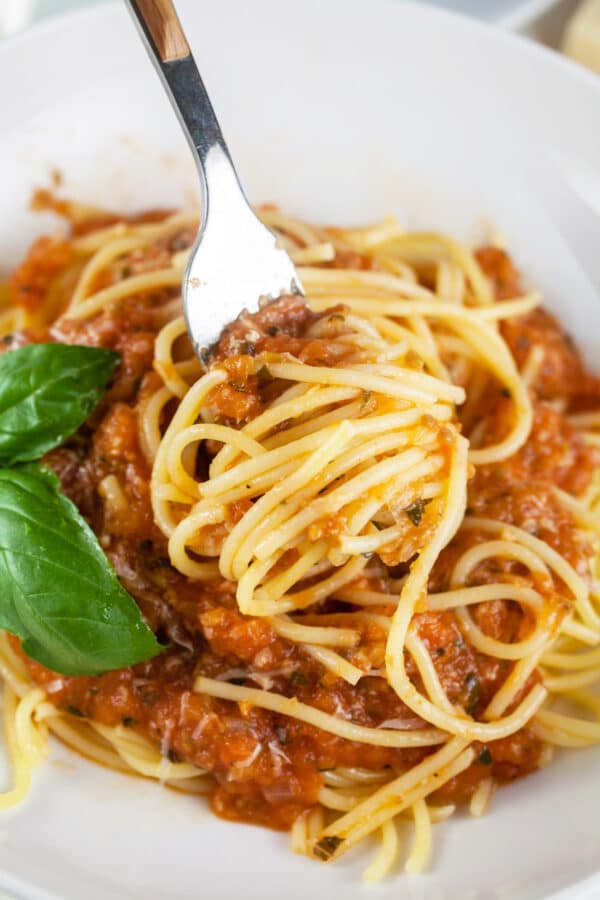 Spaghetti with sauce swirled onto fork, lifted from white bowl.