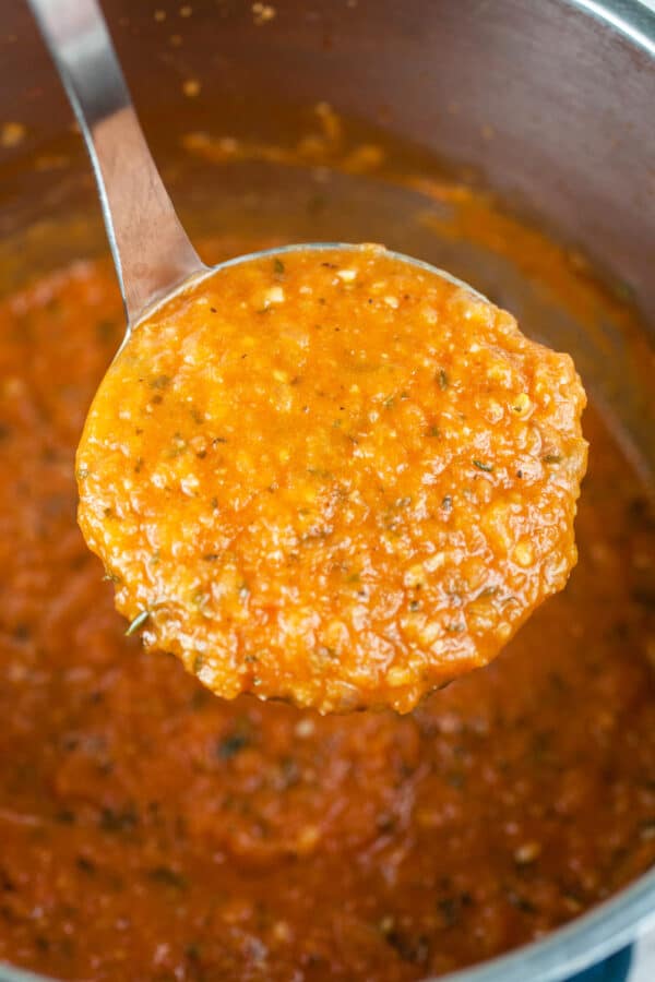 Scoop of homemade spaghetti sauce lifted from metal pot with ladle.